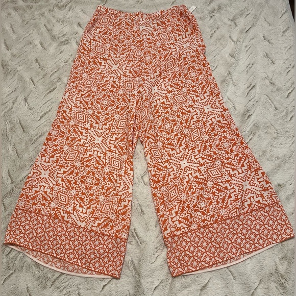 Japna Pants - Japna Orange and White Patterned Stretch Wide-Leg Pants